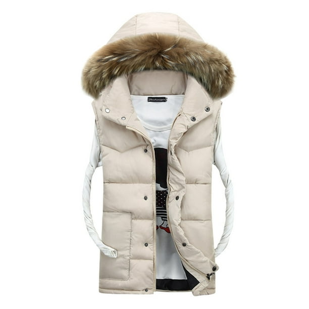 Pivaconis Mens Fall Winter Faux Fur Hooded Zip Front Solid Color Warm Fluffy Vest Waistcoat Jacket 
